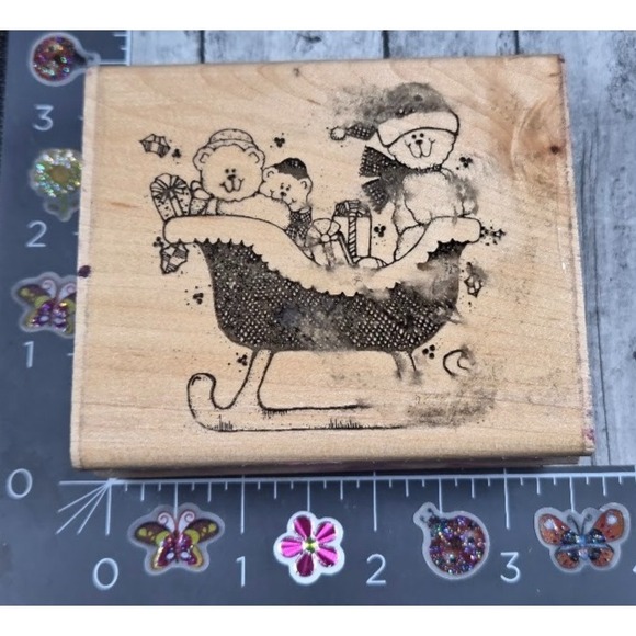Dots Sleigh Bears Teddy Christmas Q104 1989 Rubber Stamp Wood #S85 - Picture 1 of 4